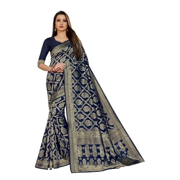 Women's Kanjivaram Pure Banarsi Silk Saree With Blouse Piece Golden Zari NWT - Picture 7 of 12